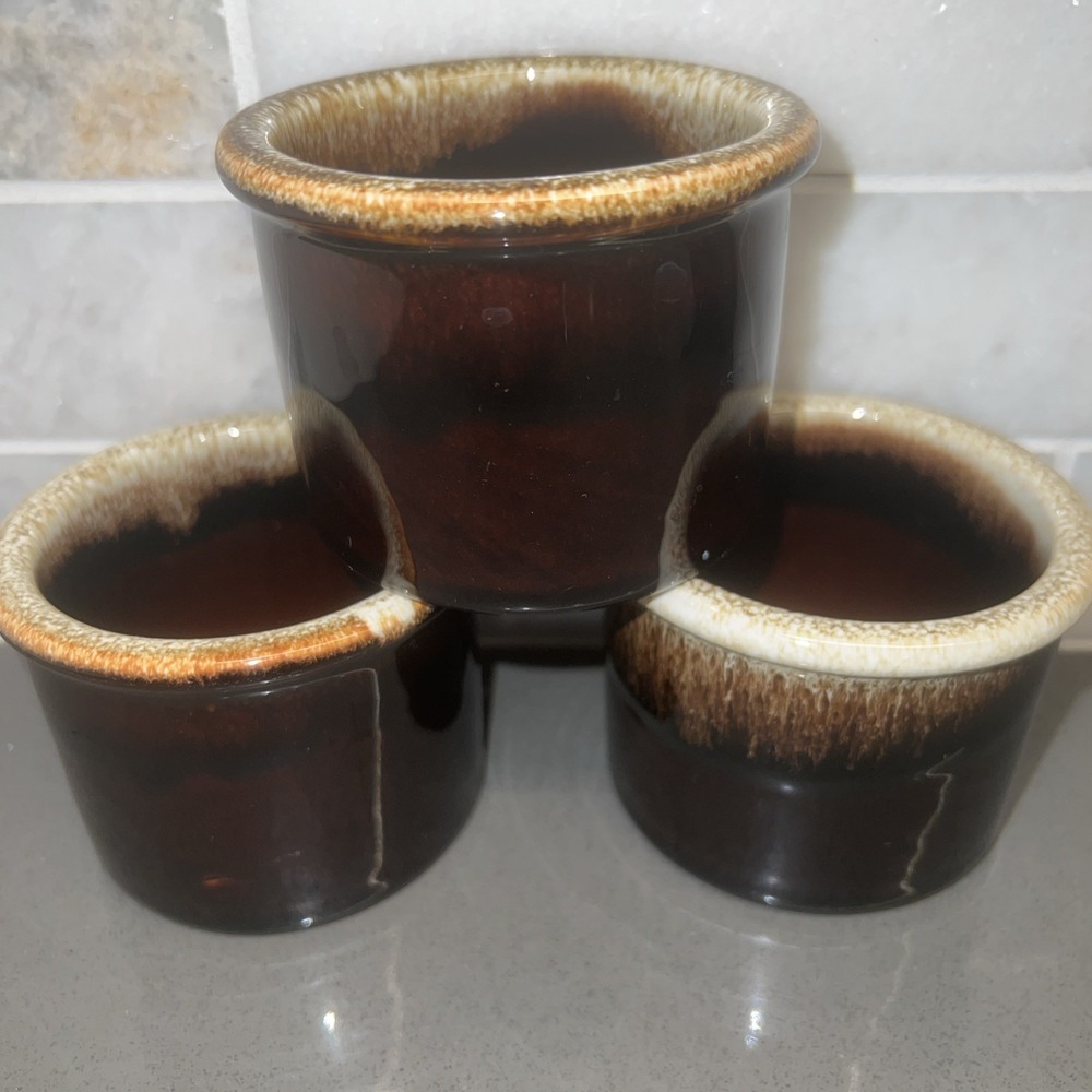Brown Drip Unbranded Glaze Pottery Souffle Dessert Ramekin Bowls Set Of 3